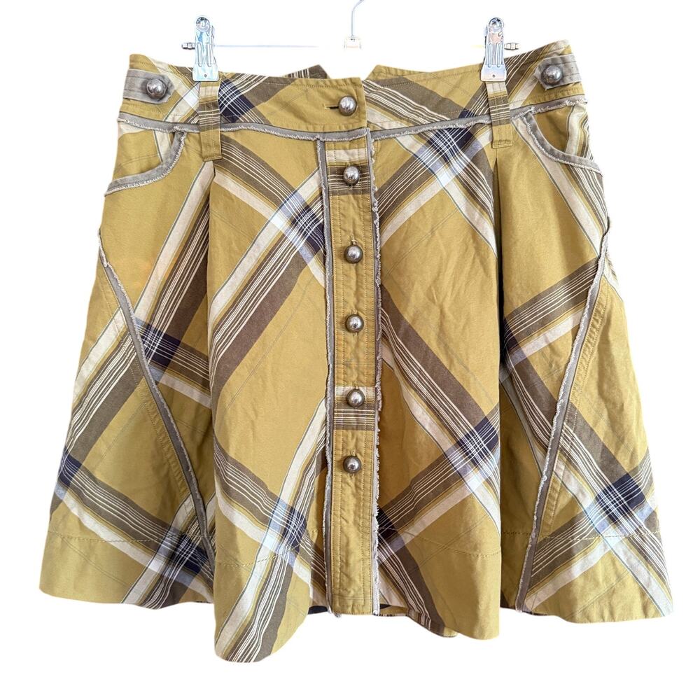 FEI | Anthropologie Y2K Vintage Twee Olive Green Plaid Skirt | Size 8 Preppy